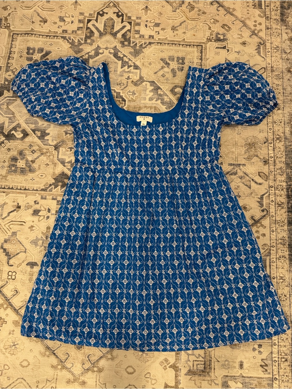 RHODE Blue White Embroidered Puff Sleeve Mini Dress Size L